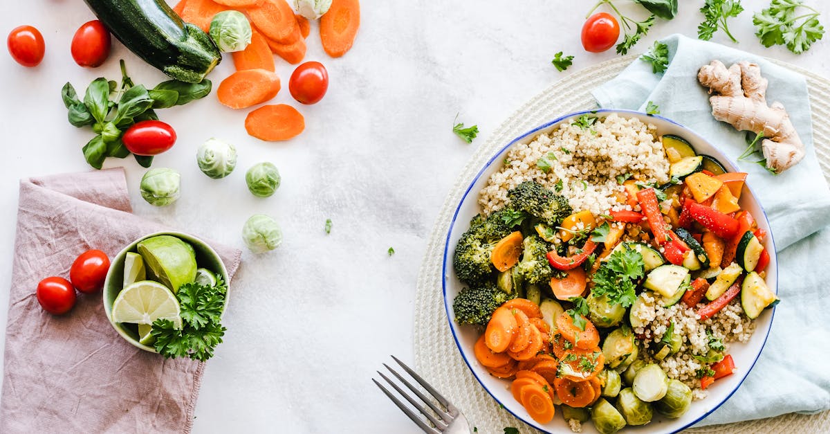 Colorful quinoa salad with fresh vegetables creates a healthy, balanced meal.